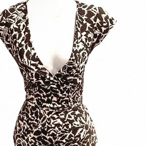 BCBGMAXAZRIA Brown Plunge V-Neck Cap Sleeve Tie Back Animal Print
